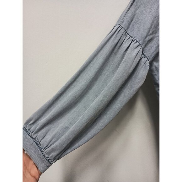 Fate Womens BOHO Shirt Small Blue Chambray Oversized Lantern Sleeve Button Up - Picture 3 of 11